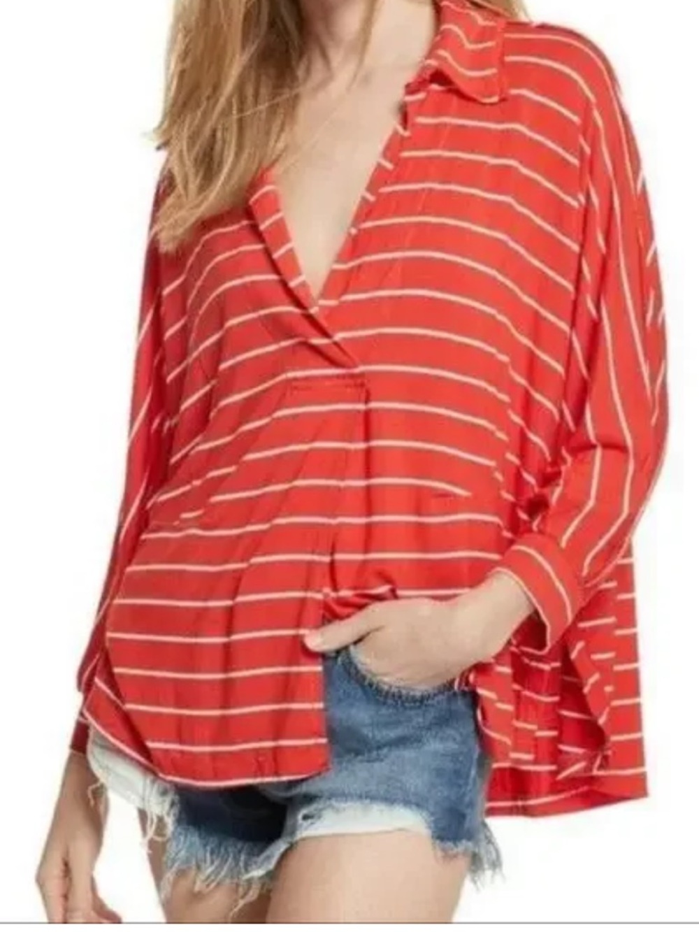 Free People We The Free Cant Fool Me Red Striped V-Neck Oversized Top - Picture 4 of 12
